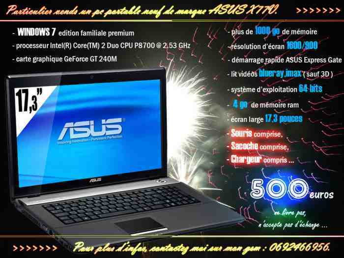 PC portab ASUS X77V 1000go + matériel
