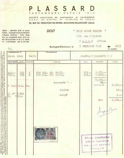 Facture ancienne 1958 - Plassard Parfumeurs